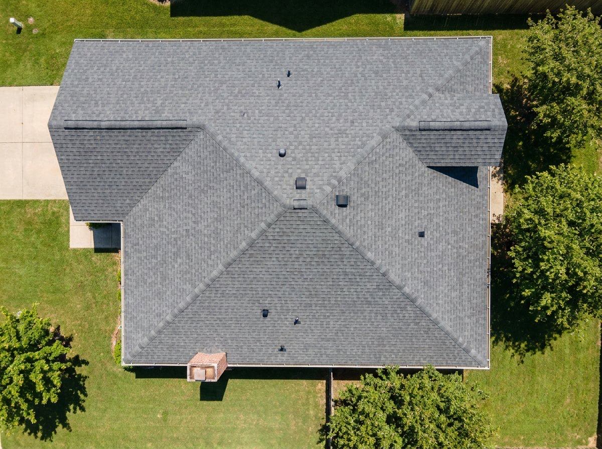 Satellite view of the caller's roof being measured — 58ft 8in by 52ft 2in footprint, total roof area 34.2 squares at 6/12 pitch
